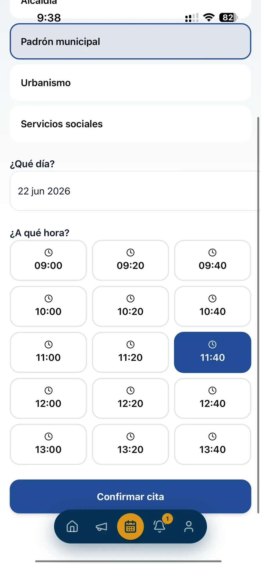 Udal erroldan hitzordua hartzeko eguna eta ordua aukeratzea.
