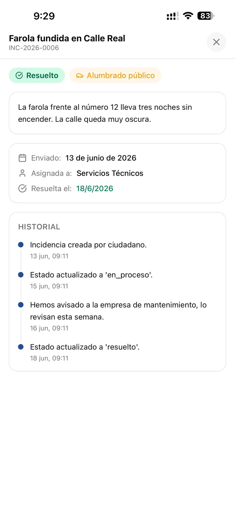 Konpondutako abisu baten xehetasuna, bere historiarekin.