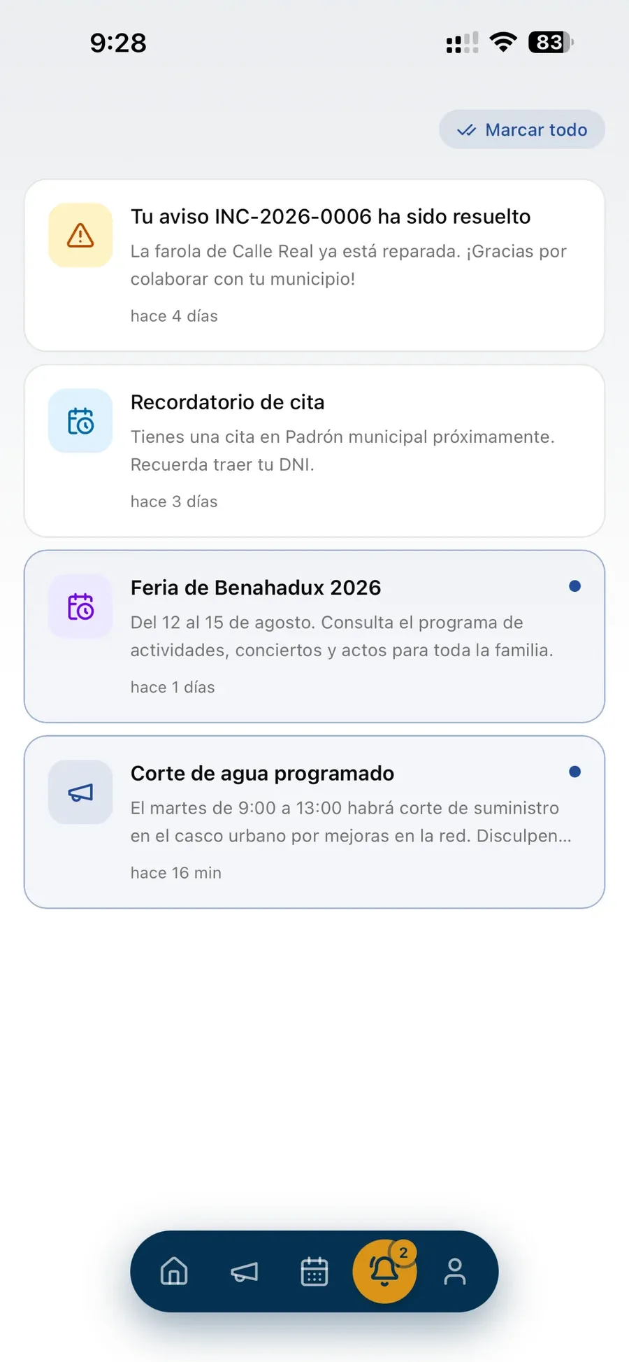 Jakinarazpenen zerrenda: abisu konpondua, hitzorduaren oroigarria, Feria de Benahadux 2026 eta programatutako ur-mozketa.