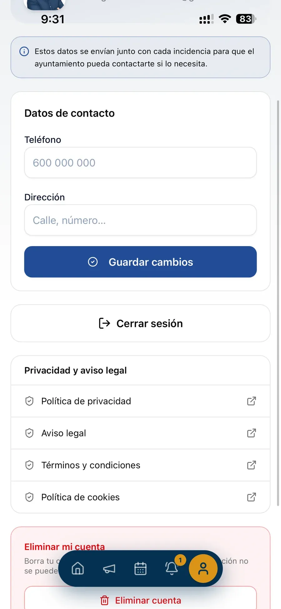 Perfil do veciño na app: datos de contacto, pechar sesión, privacidade e aviso legal, e eliminar conta.